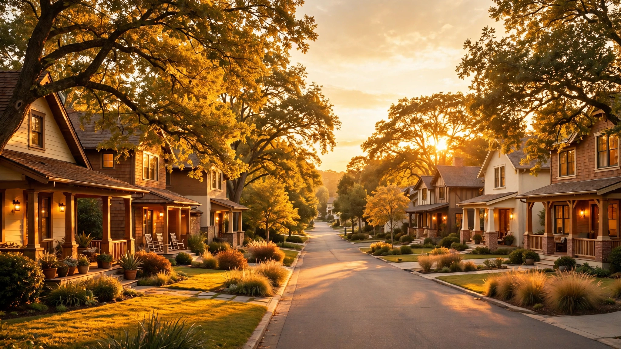 Sunset over a welcoming suburban street, illustrating fair-housing-safe AI listing copy for agents