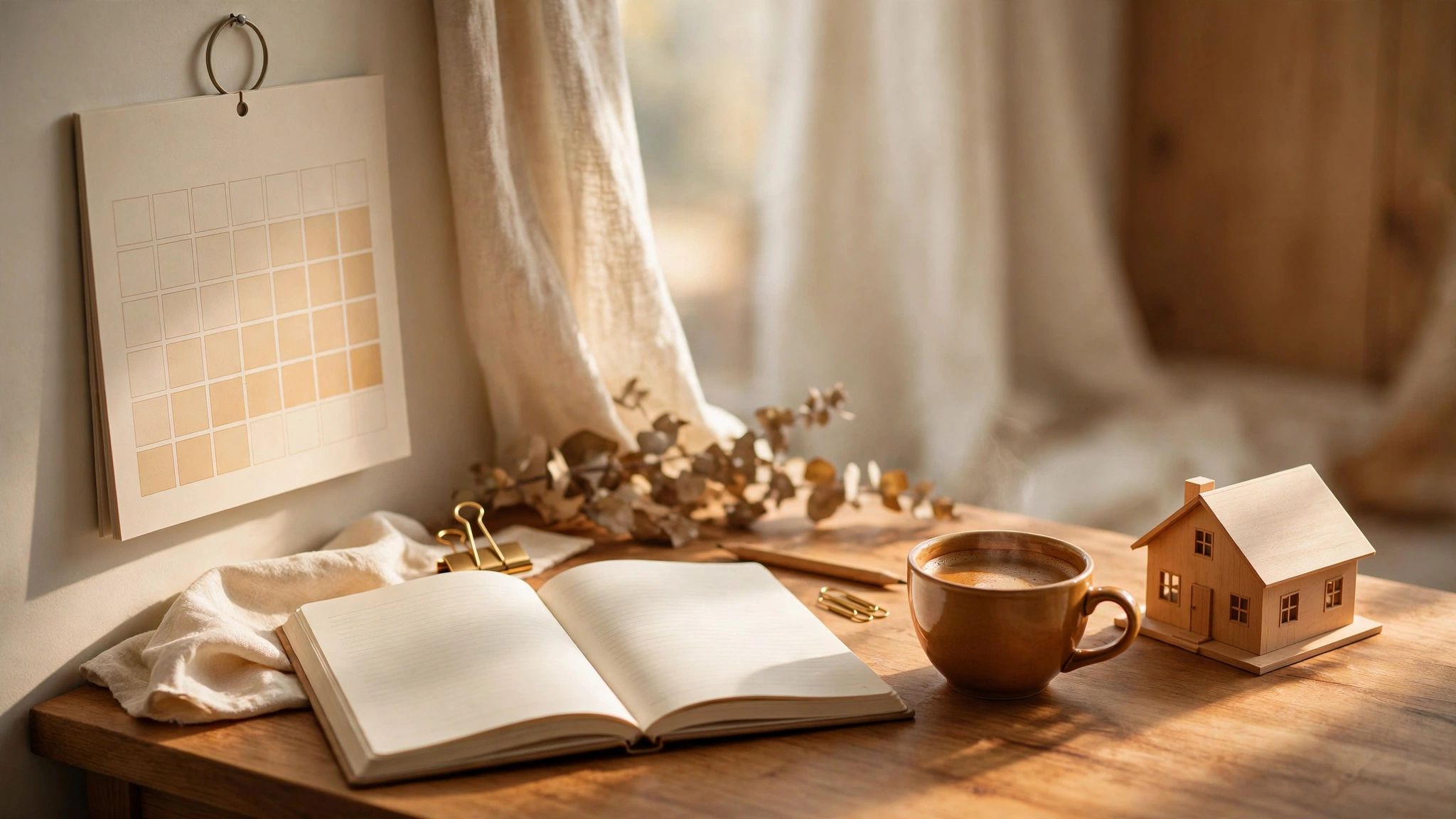 30-day AI content plan calendar with coffee and a model home on a real estate agent's desk