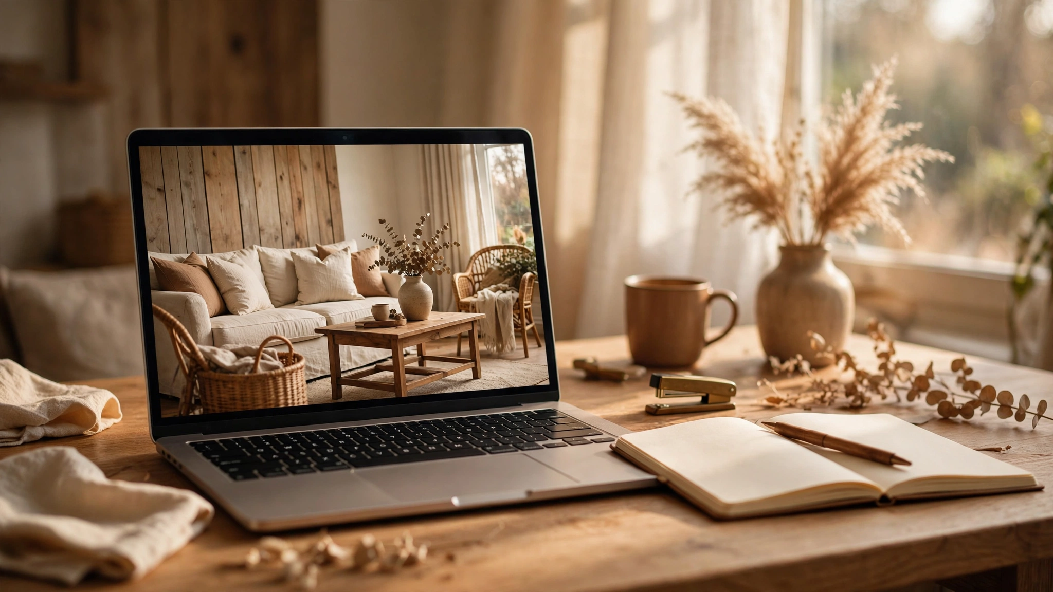 Writing MLS descriptions with AI on a laptop showing an elegant home interior photo