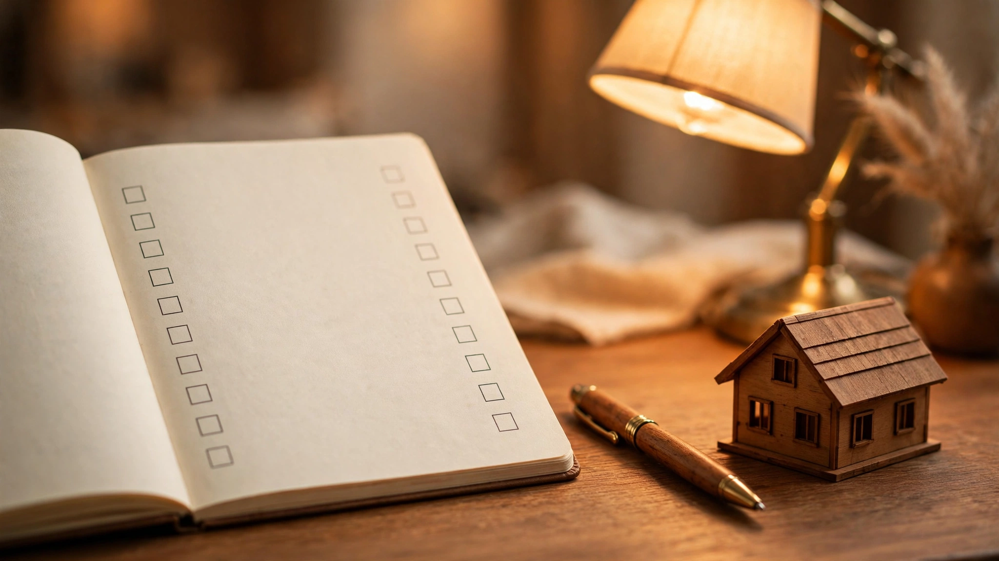 Checklist notebook with the 10 AI prompts every listing agent needs beside a model home