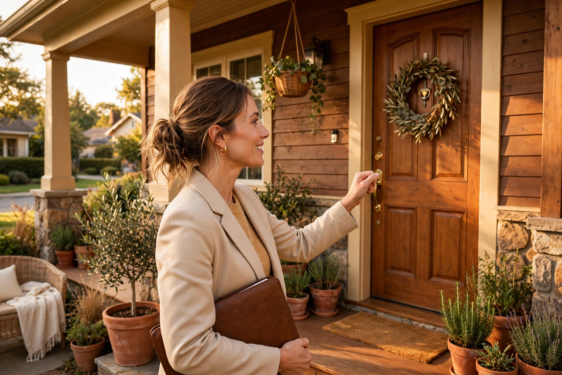 Real estate agent doing FSBO outreach at a suburban front door in warm afternoon light