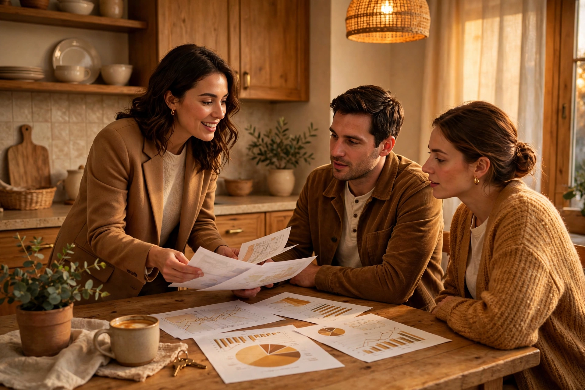 Agent presenting a CMA pricing narrative with charts to sellers at their kitchen table