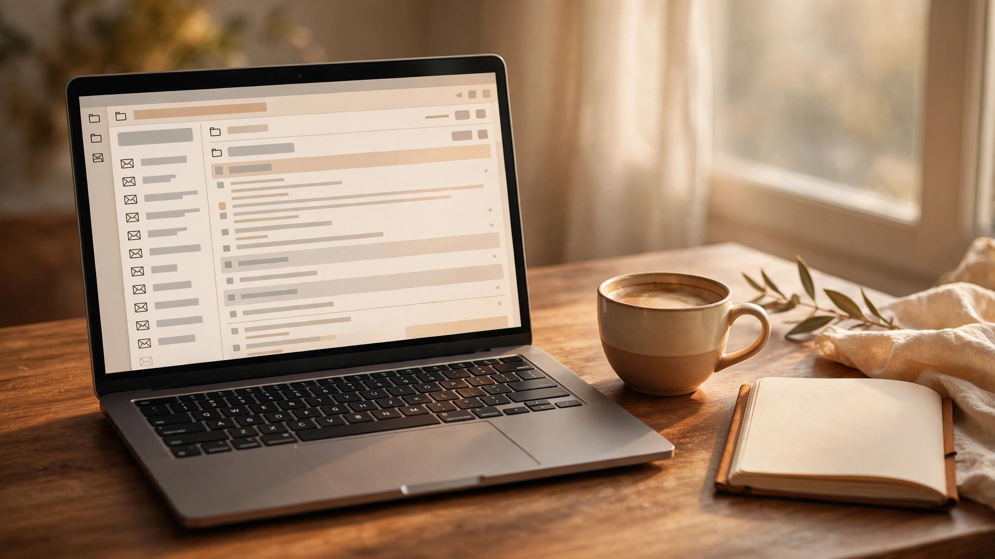 Real estate email sequences managed in a laptop inbox with warm morning light