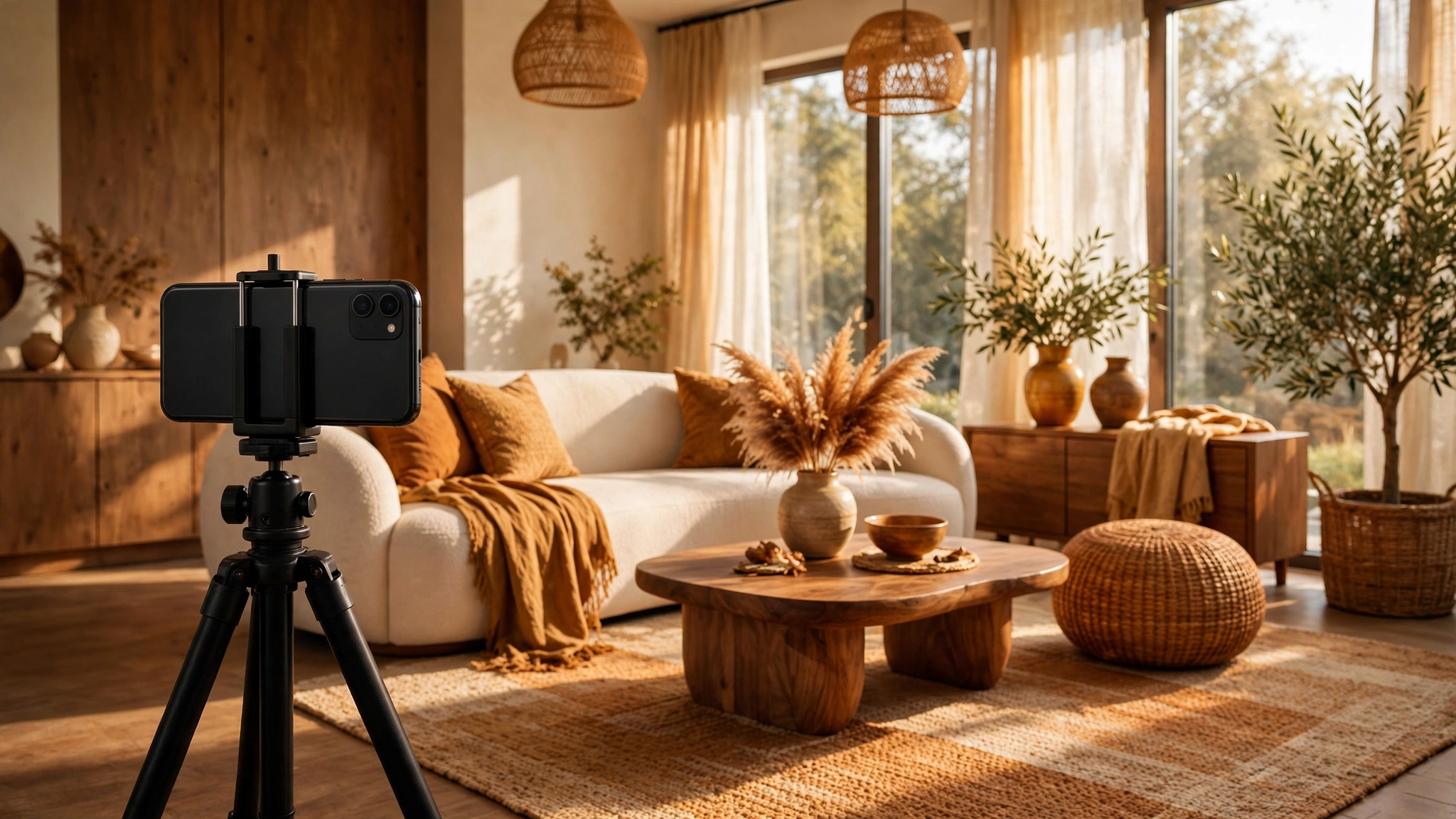 Realtor creating Instagram content by filming a living room tour on a smartphone tripod