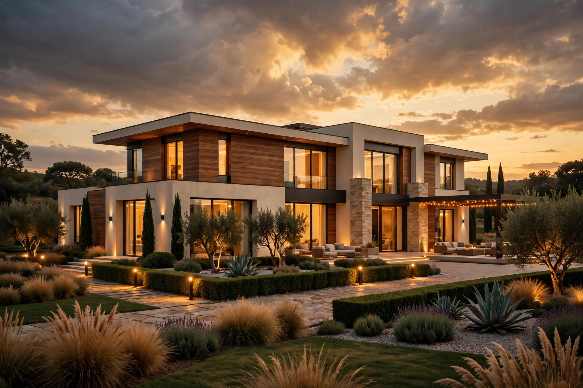 Luxury mansion at dusk with glowing windows for AI-written luxury listing copy