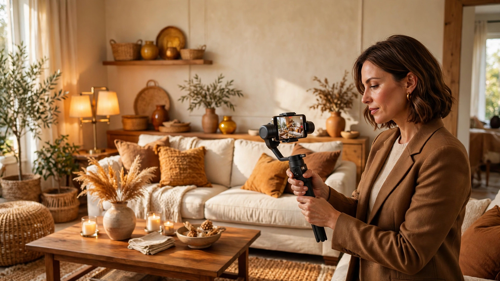 Real estate agent filming Reels and TikTok video scripts with a phone gimbal
