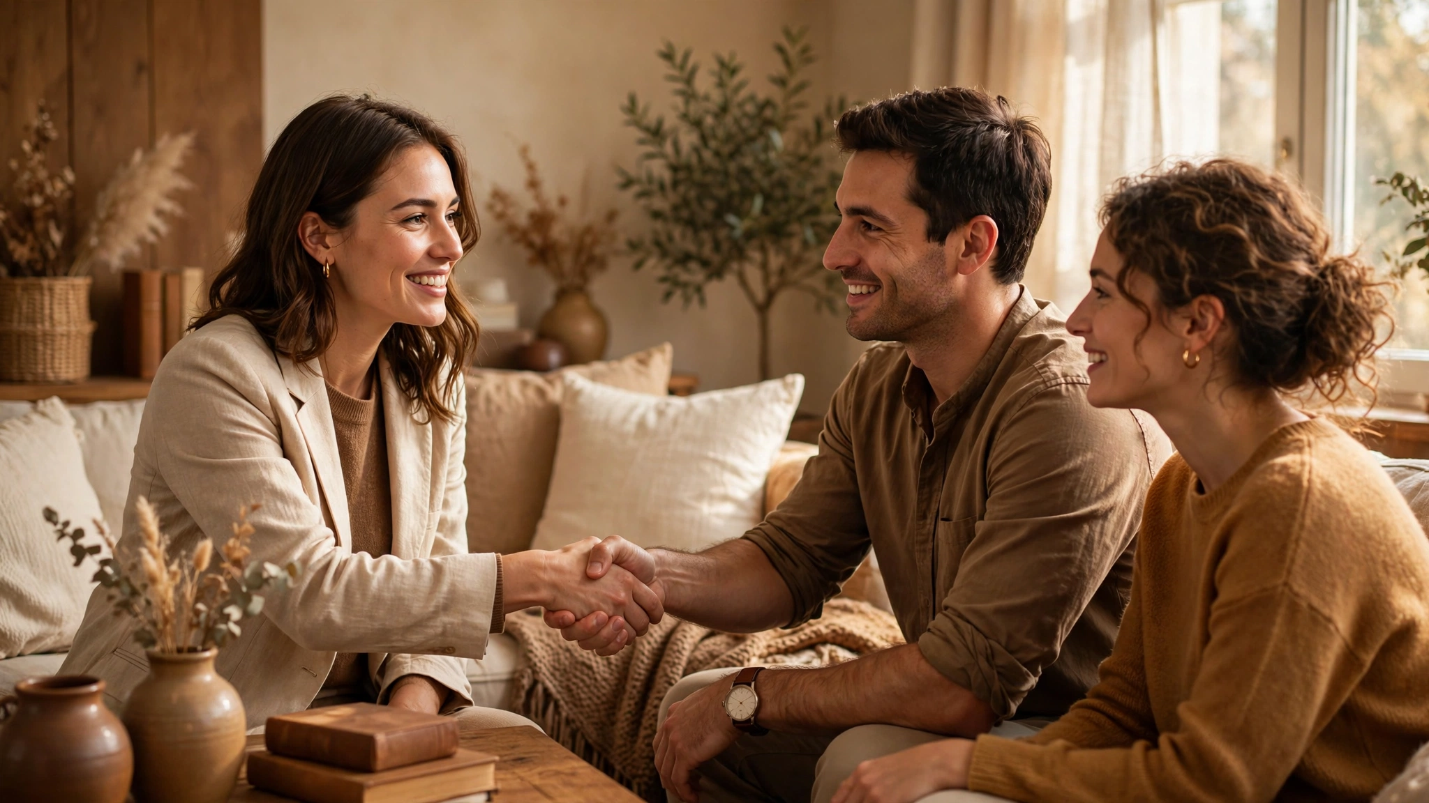 Agent handling client objections in a warm, reassuring living room conversation
