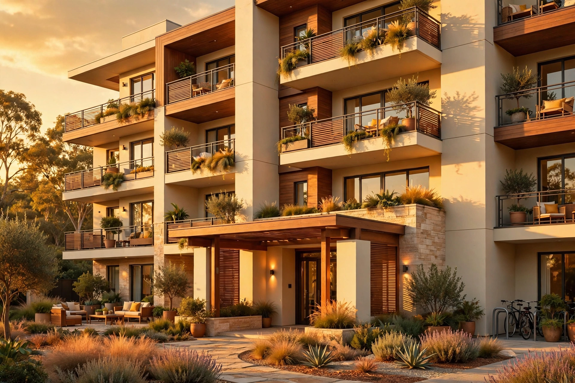 Modern apartment building at golden hour for AI rental listing copy that fills vacancies