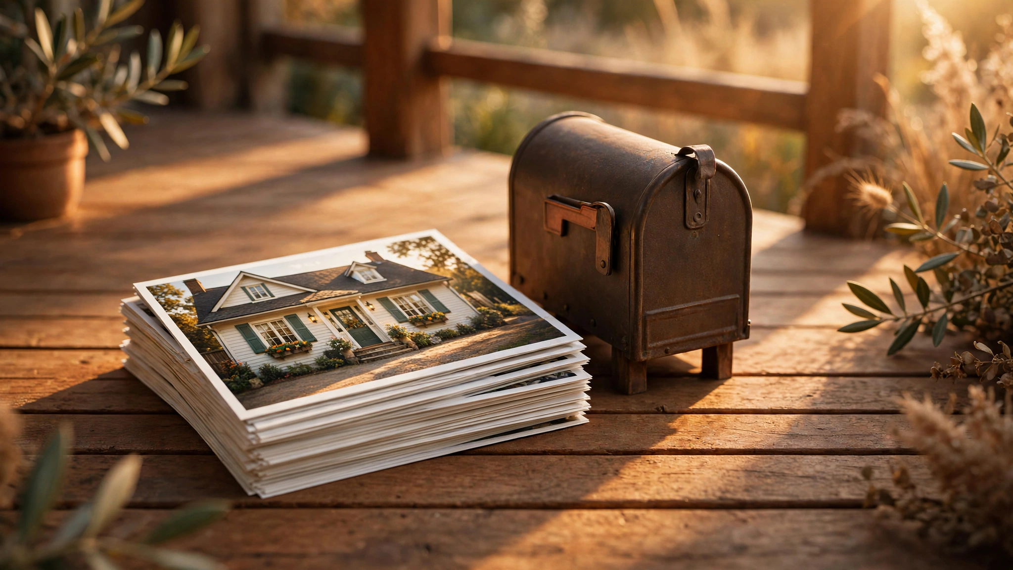 Real estate direct mail postcards with home photos stacked beside a mailbox
